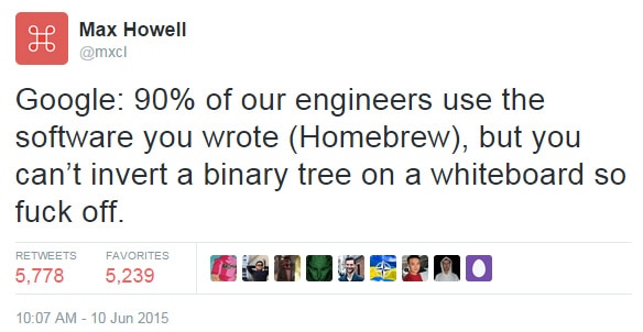 Max Howell tweeter om Googles rekrutteringsproces og programmeringsfærdigheder