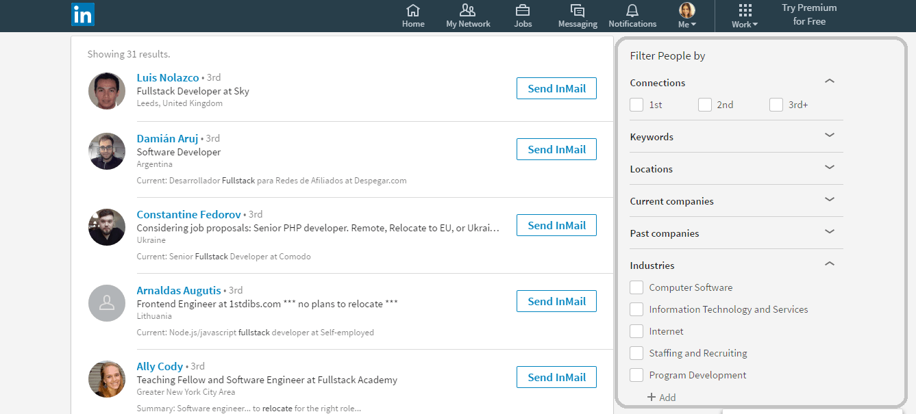 screenshot of a linkedin search for recruiters