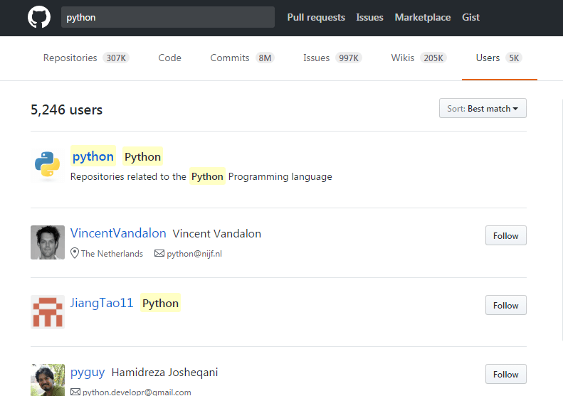 recherche d'un utilisateur python sur GitHub