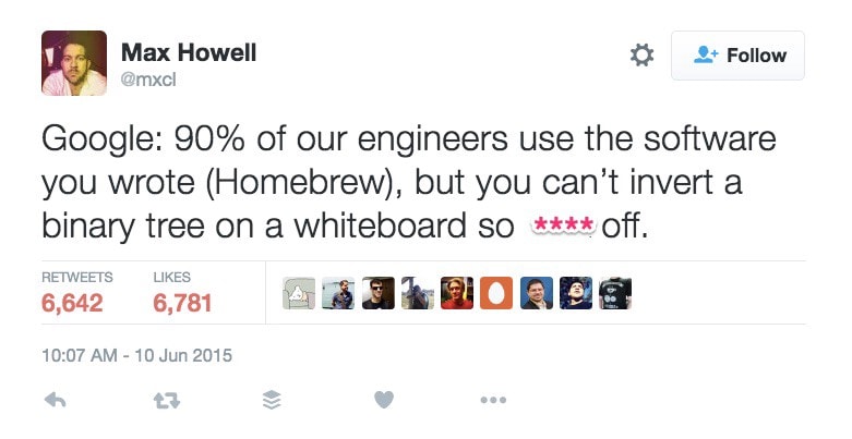 Tableau blanc des critiques d'interviews sur Twitter Max Howell