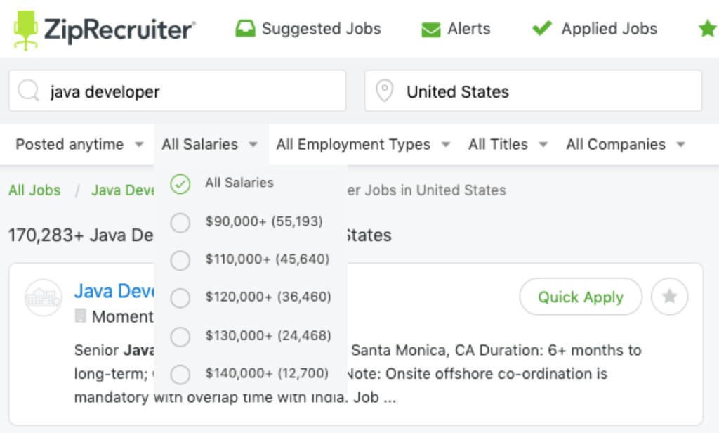 Un salaire de développeur Java basé sur l'expérience acquise aux États-Unis ZipRecruiter
