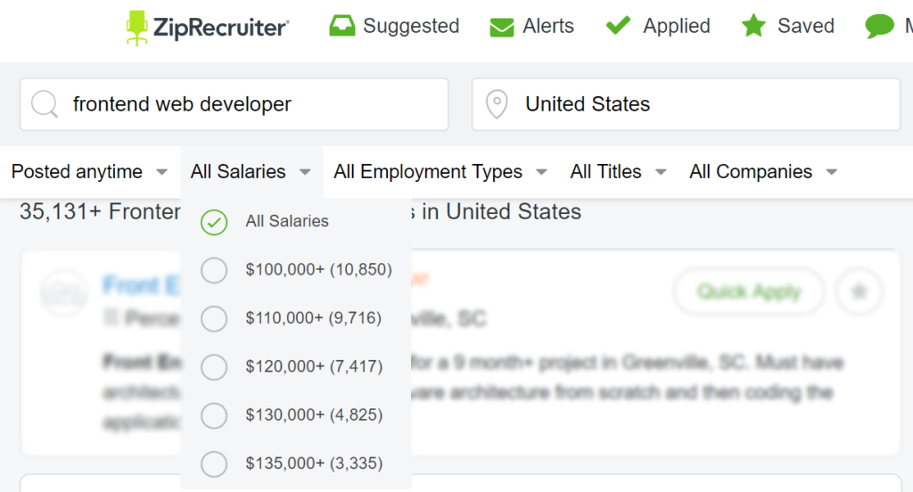 front end developer platové údaje ZipRecruiter