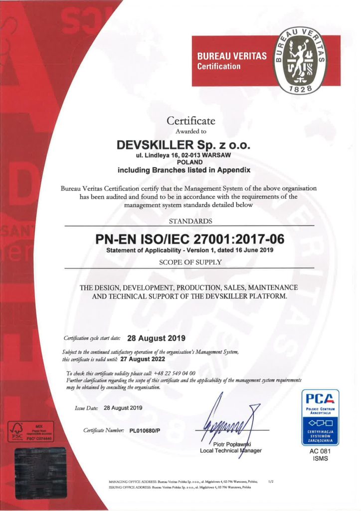 ISO 27001 certificaat voor DevSkiller