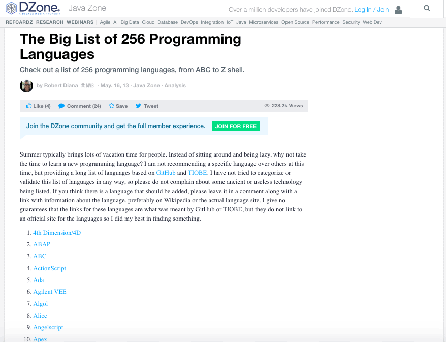 Liste over programmeringssprog i DZone