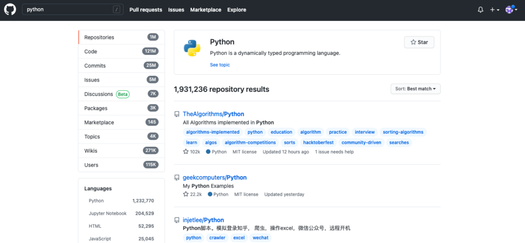 Vyhledávací algoritmy Pythonu na serveru GitHub